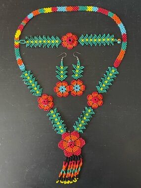 Huichol Multicolor Beaded Flower Jewelry Set - Necklace, Bracelet & Earrings